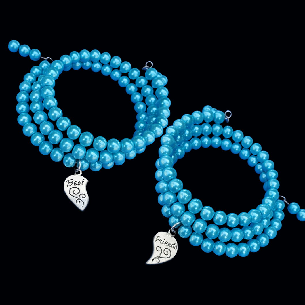 BFF Bracelets - Friend Jewelry - Best Friend Gift, set of 2 best friend pearl expandable charm bracelets. aquamarine blue or custom colors