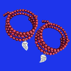 BFF Bracelets - Friend Jewelry - Best Friend Gift, set of 2 best friend pearl expandable charm bracelets. bordeaux red or custom colors