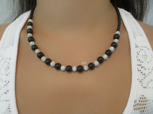 Pearl Necklace - Necklaces - Bridal Gifts - Handmade pearl and crystal necklace, silver and black or silver and custom color