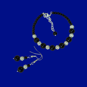Pearl crystal bracelet earring Jewelry Set, black and silver or silver and custom color