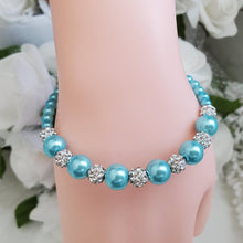 Load image into Gallery viewer, Handmade pearl and pave crystal rhinestone bracelet, aquamarine blue or custom color - Bracelets - Pearl Bracelet