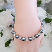 Load image into Gallery viewer, Handmade pearl and pave crystal rhinestone bracelet, dark grey or custom color - Bracelets - Pearl Bracelet