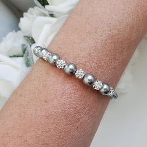 Handmade pearl and pave crystal rhinestone bracelet, dark grey or custom color - Bracelets - Pearl Bracelet