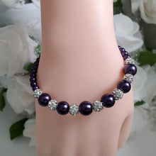 Load image into Gallery viewer, Handmade pearl and pave crystal rhinestone bracelet, dark purple or custom color - Bracelets - Pearl Bracelet