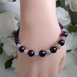 Handmade pearl and pave crystal rhinestone bracelet, dark purple or custom color - Bracelets - Pearl Bracelet