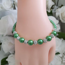 Load image into Gallery viewer, Handmade pearl and pave crystal rhinestone bracelet, green or custom color - Bracelets - Pearl Bracelet
