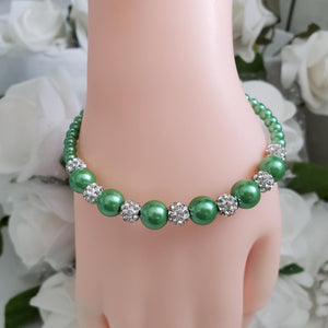 Handmade pearl and pave crystal rhinestone bracelet, green or custom color - Bracelets - Pearl Bracelet