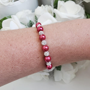 Handmade pearl and pave crystal rhinestone bracelet, dark pink or custom color - Bracelets - Pearl Bracelet
