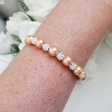 Load image into Gallery viewer, Handmade pearl and pave crystal rhinestone bracelet, powder orange or custom color - Bracelets - Pearl Bracelet