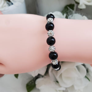 Handmade pearl and pave crystal rhinestone bracelet, black and silver or custom color - Bracelets - Pearl Bracelet
