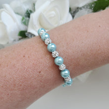 Load image into Gallery viewer, Handmade pearl and pave crystal rhinestone bracelet, light blue or custom color - Bracelets - Pearl Bracelet