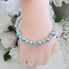 Load image into Gallery viewer, Handmade pearl and pave crystal rhinestone bracelet, light blue or custom color - Bracelets - Pearl Bracelet