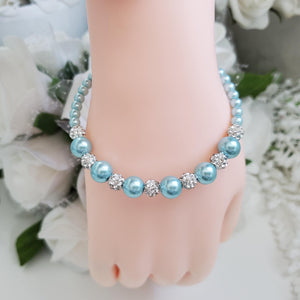Handmade pearl and pave crystal rhinestone bracelet, light blue or custom color - Bracelets - Pearl Bracelet