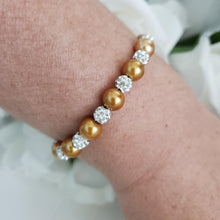 Load image into Gallery viewer, Handmade pearl and pave crystal rhinestone bracelet, copper or custom color - Bracelets - Pearl Bracelet