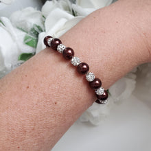 Load image into Gallery viewer, Handmade pearl and pave crystal rhinestone bracelet, chocolate brown or custom color - Bracelets - Pearl Bracelet
