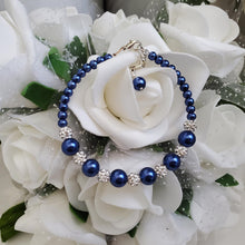 Load image into Gallery viewer, Handmade pearl and pave crystal rhinestone bracelet, dark blue or custom color - Bracelets - Pearl Bracelet