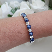 Load image into Gallery viewer, Handmade pearl and pave crystal rhinestone bracelet, dark blue or custom color - Bracelets - Pearl Bracelet