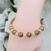 Load image into Gallery viewer, Handmade pearl and pave crystal rhinestone bracelet, copper or custom color - Bracelets - Pearl Bracelet
