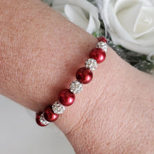 Load image into Gallery viewer, Handmade pearl and pave crystal rhinestone bracelet, bordeaux red or custom color - Bracelets - Pearl Bracelet