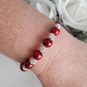 Handmade pearl and pave crystal rhinestone bracelet, bordeaux red or custom color - Bracelets - Pearl Bracelet