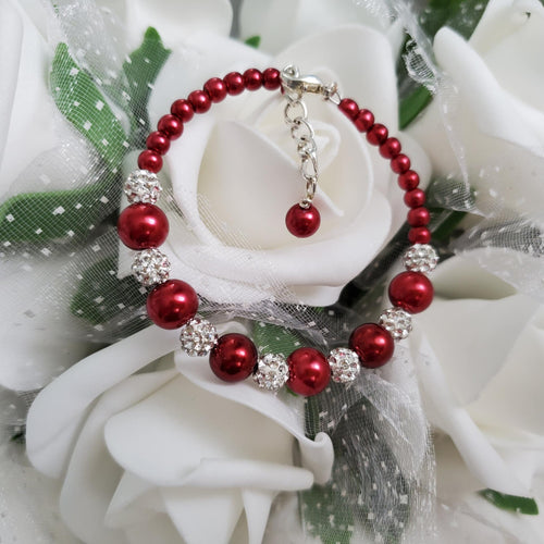 Handmade pearl and pave crystal rhinestone bracelet, bordeaux red and silver or custom color - Bracelets - Pearl Bracelet