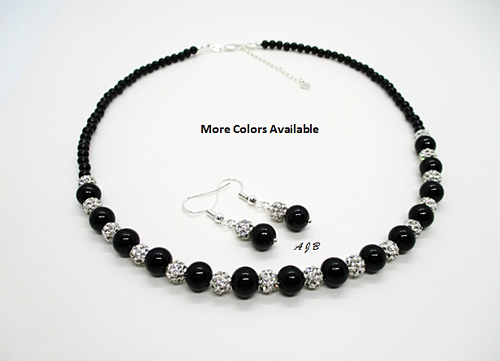 Black Silver Necklace Drop Earring Jewelry Set