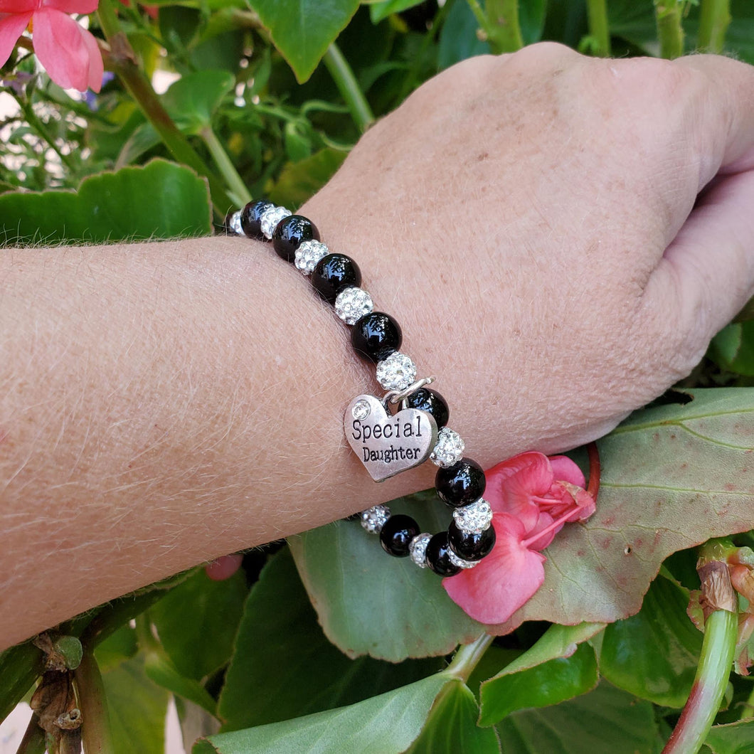 Handmade special daughter pearl and pave crystal charm bracelet, black and silver or custom color - Special Daughter Bracelet - Daughter Gift