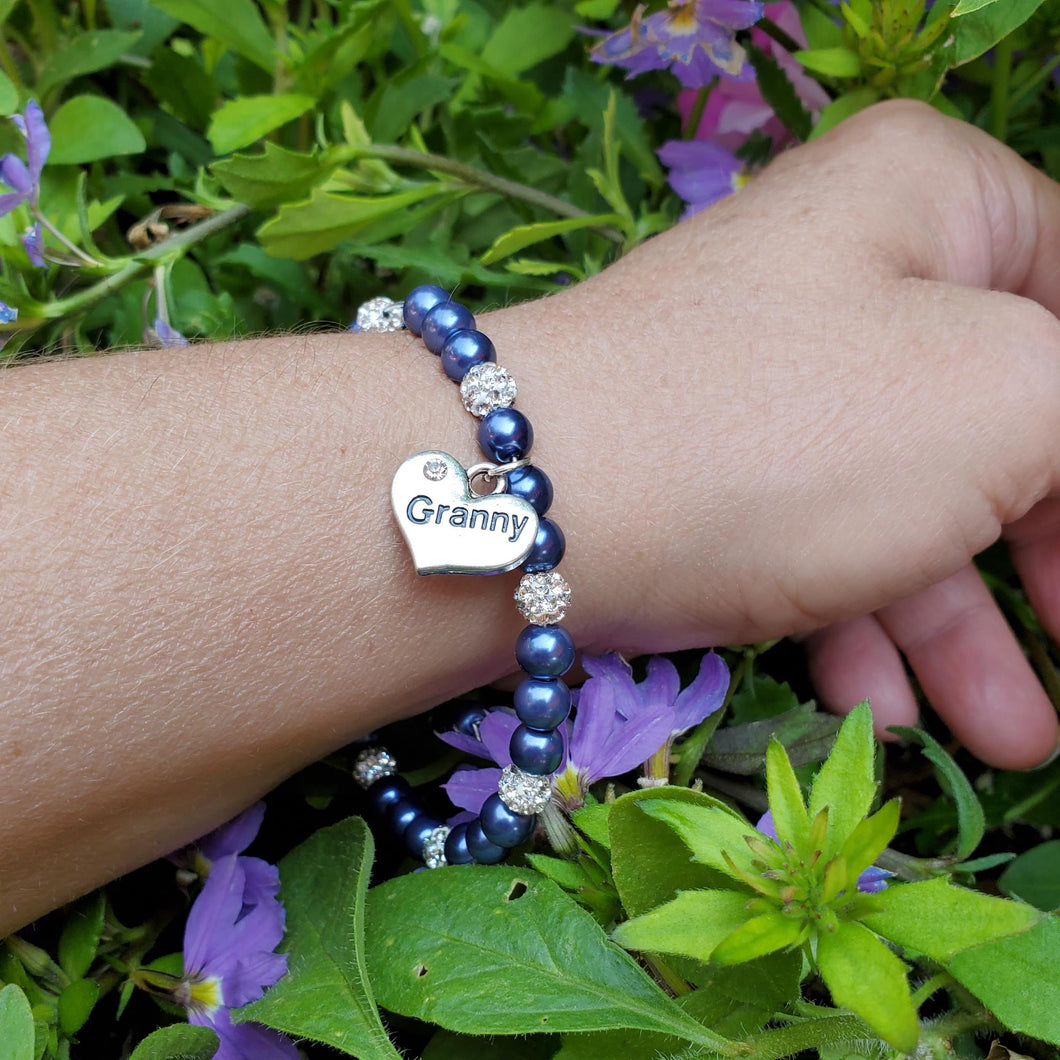Handmade granny pearl and crystal charm bracelet, dark blue or custom color - Granny Gift - Granny Present - Granny Present Ideas