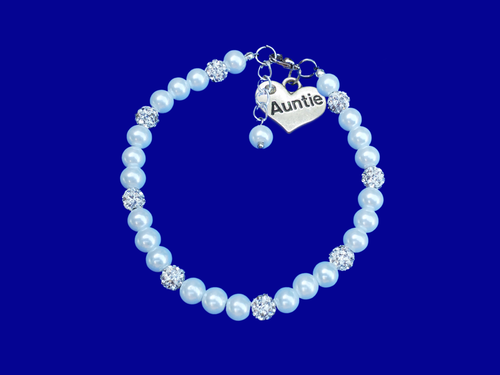 New Auntie Gift - Auntie Bracelet - Auntie Gift Ideas, handmade auntie pearl and crystal charm bracelet, white or custom color