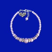 Load image into Gallery viewer, handmade sister of the groom pearl and crystal charm bracelet, lavender purple or custom color