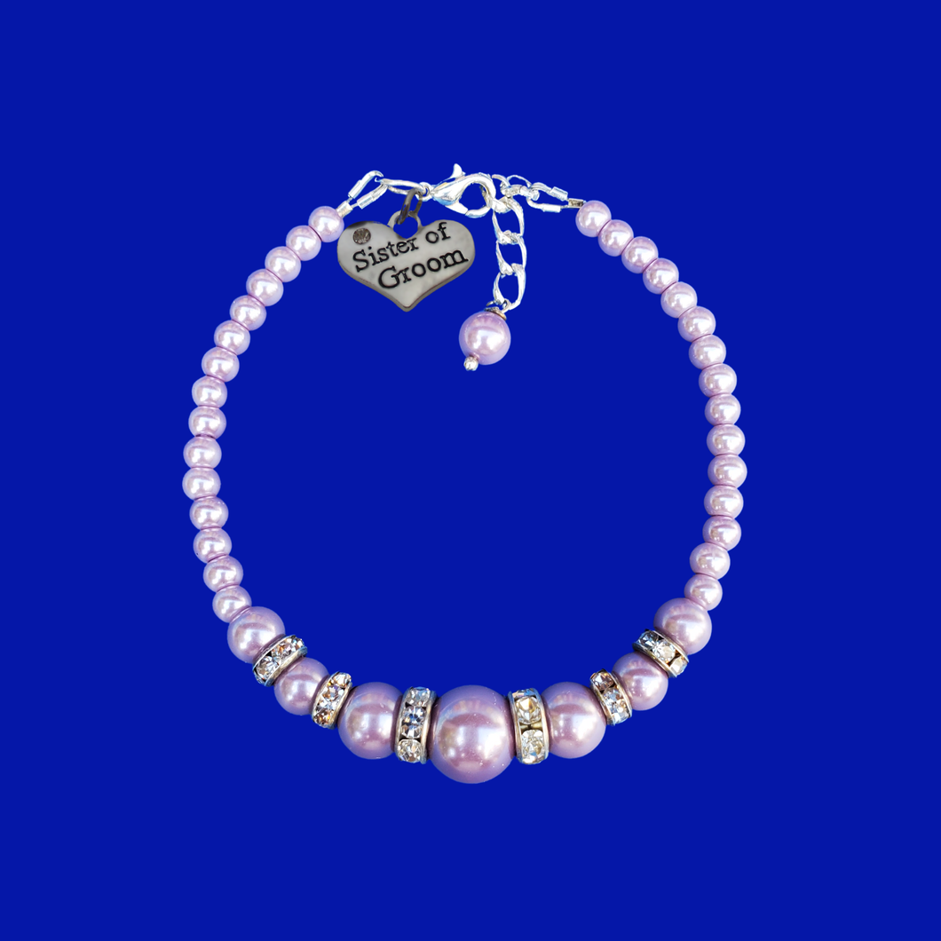 handmade sister of the groom pearl and crystal charm bracelet, lavender purple or custom color