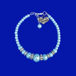 handmade sister of the groom pearl and crystal charm bracelet, light blue or custom color
