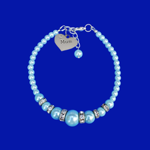 Load image into Gallery viewer, mum handmade pearl and crystal charm bracelet, light blue or custom color