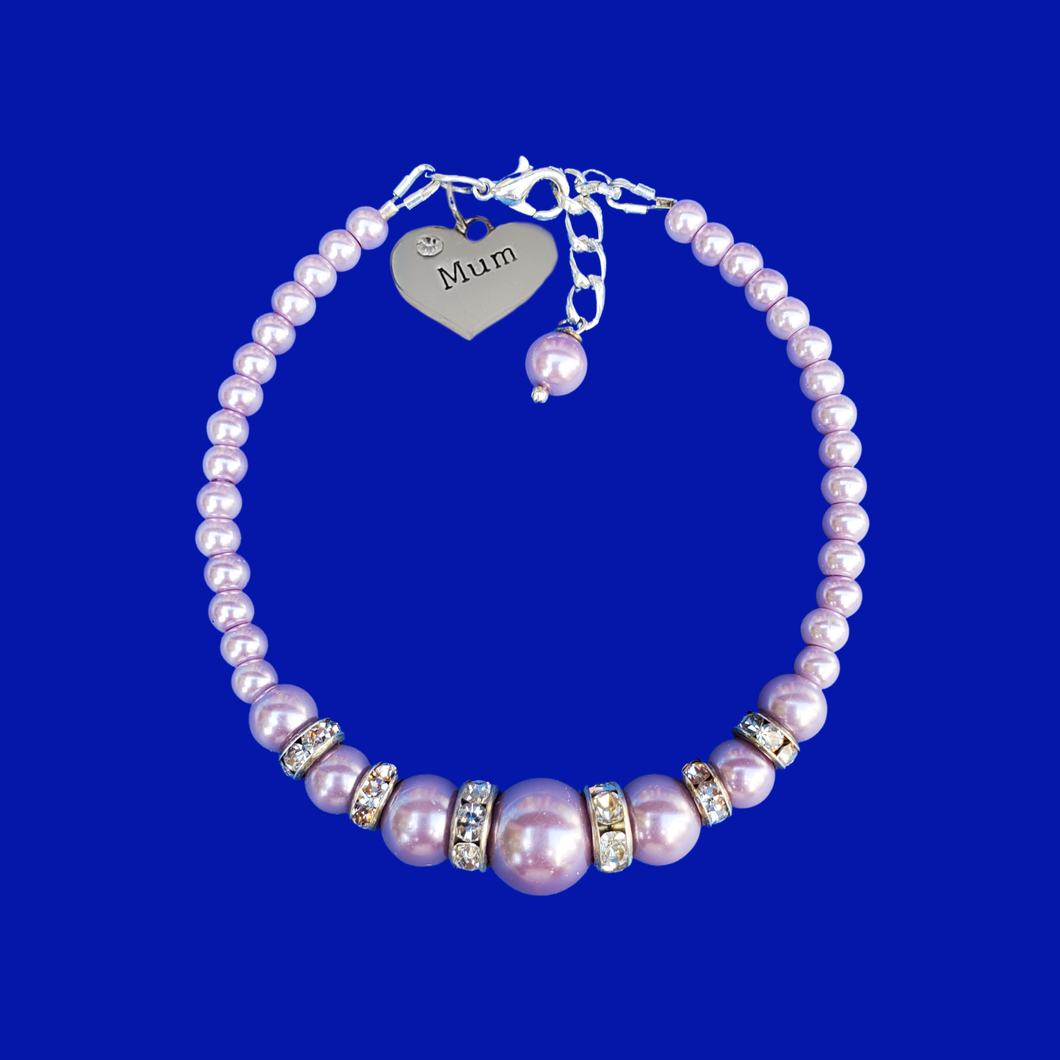 mum handmade pearl and crystal charm bracelet, lavender purple or custom color