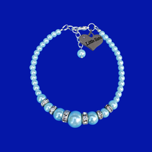 Load image into Gallery viewer, handmade little sister pearl and crystal charm bracelet, light blue or custom color