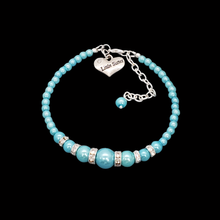 Load image into Gallery viewer, handmade little sister pearl and crystal charm bracelet, aquamarine blue or custom color