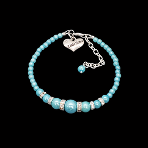 handmade little sister pearl and crystal charm bracelet, aquamarine blue or custom color