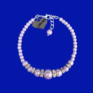 handmade little sister pearl and crystal charm bracelet, lavender purple or custom color