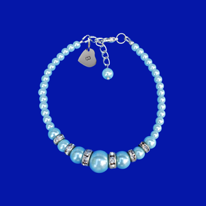handmade pearl and crystal monogram charm bracelet, light blue or custom color