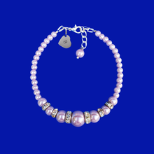 Load image into Gallery viewer, handmade pearl and crystal monogram charm bracelet, lavender purple or custom color