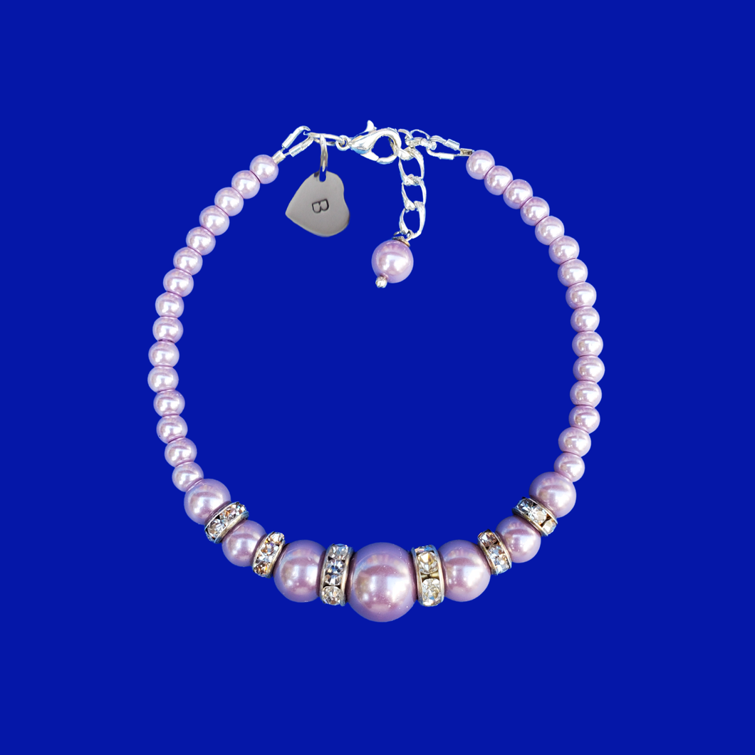handmade pearl and crystal monogram charm bracelet, lavender purple or custom color