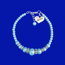 Load image into Gallery viewer, Gift Ideas For Gran - Gran Gift - Gran Mothers Day - handmade gran pearl and crystal charm bracelet, light blue or custom color