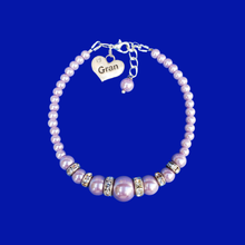 Load image into Gallery viewer, Gift Ideas For Gran - Gran Gift - Gran Mothers Day - handmade gran pearl and crystal charm bracelet, lavender purple or custom color