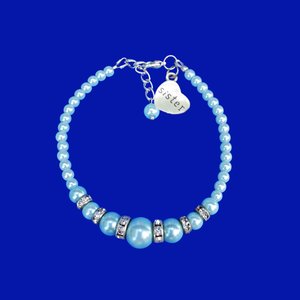 sister handmade pearl and crystal charm bracelet, light blue or custom color
