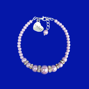 sister handmade pearl and crystal charm bracelet, lavender purple or custom color