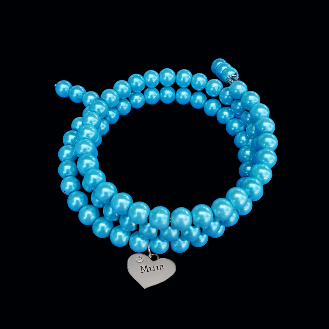 Mum Expandable Multi Layer Wrap Pearl Charm Bracelet, aquamarine blue or custom color