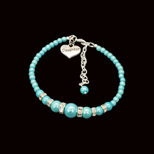 Load image into Gallery viewer, Daughter Gift - Daughter Bracelet - handmade daughter pearl and crystal charm bracelet, aquamarine blue or custom color