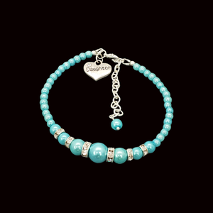 Daughter Gift - Daughter Bracelet - handmade daughter pearl and crystal charm bracelet, aquamarine blue or custom color