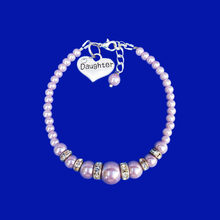 Load image into Gallery viewer, Daughter Gift - Daughter Bracelet - handmade daughter pearl and crystal charm bracelet, lavender purple or custom color