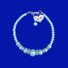 Load image into Gallery viewer, Bride Jewelry - Bride Gift Ideas - Bride Gift, handmade bride pearl and crystal charm bracelet, light blue or custom color